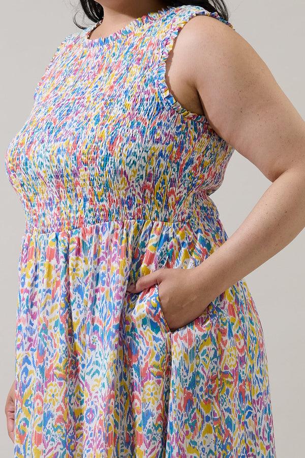 Sugarlips Malva Abstract Cecil Smocked Sleeveless Midi Dress Curve