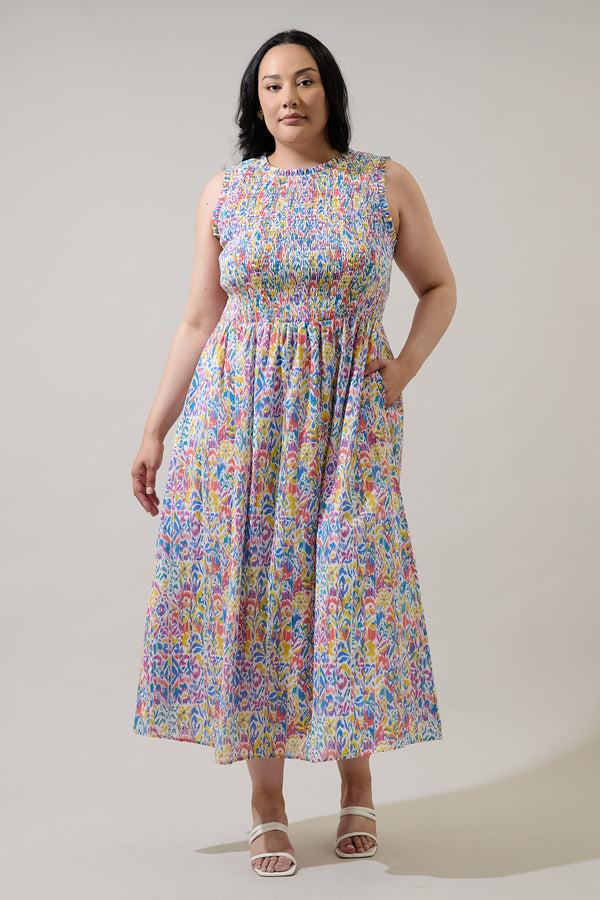 sugarlips Malva Abstract Cecil Smocked Sleeveless Midi Dress Curve