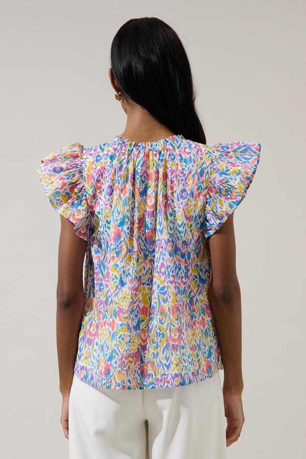 Sugarlips Malva Abstract Deniza Split Neck Ruffle Top