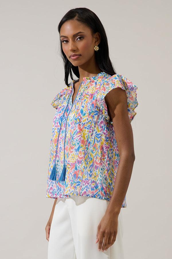 Sugarlips Malva Abstract Deniza Split Neck Ruffle Top