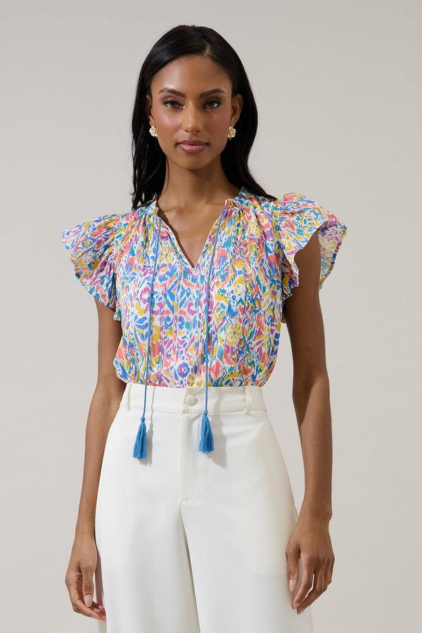 sugarlips Malva Abstract Deniza Split Neck Ruffle Top