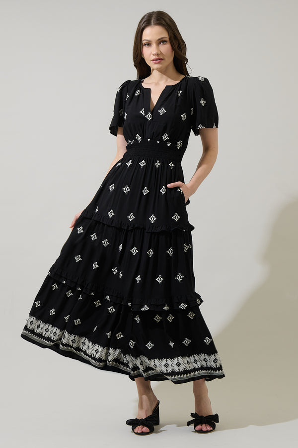 sugarlips Malya Embroidered Palmer Tiered Maxi Dress