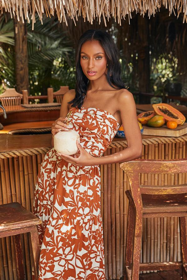sugarlips Marida Caramel Floral On the Low Pleated Tube Top