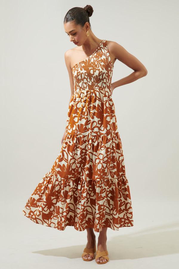 Sugarlips Marida Caramel Floral Smocked One Shoulder Lys Maxi Dress