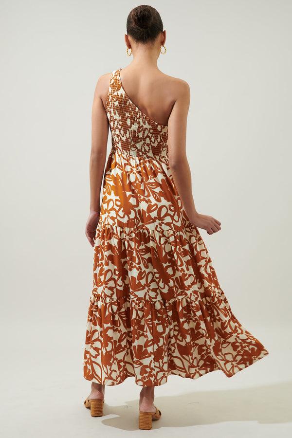 Sugarlips Marida Caramel Floral Smocked One Shoulder Lys Maxi Dress