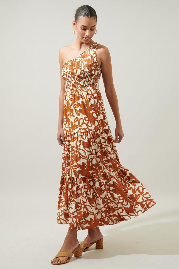 Sugarlips Marida Caramel Floral Smocked One Shoulder Lys Maxi Dress