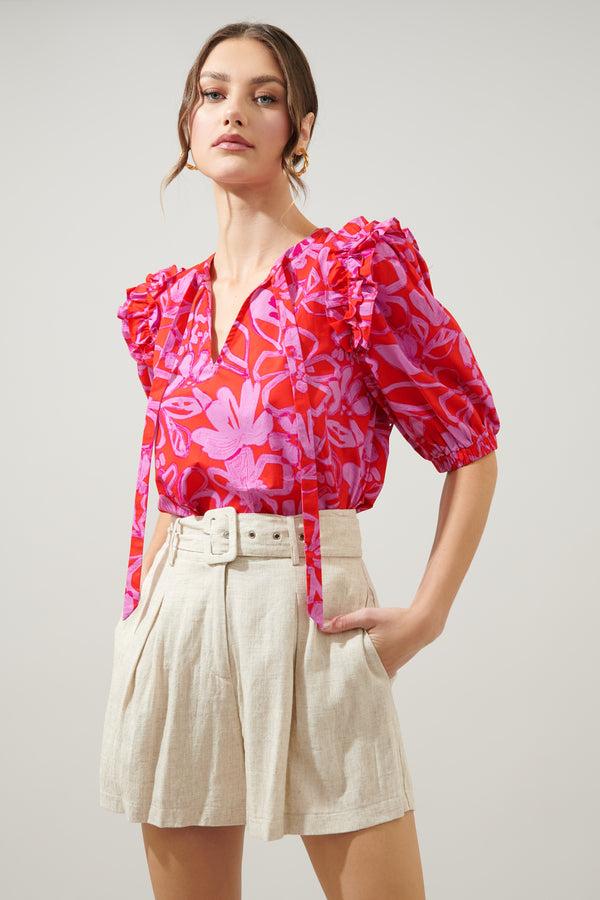 sugarlips Marida Garnet Floral Noche Tie Neck Blouse