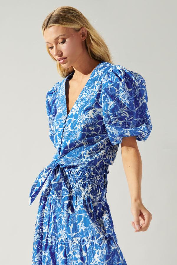 Sugarlips Marina Floral Puff Sleeve Tie Front Crop Top