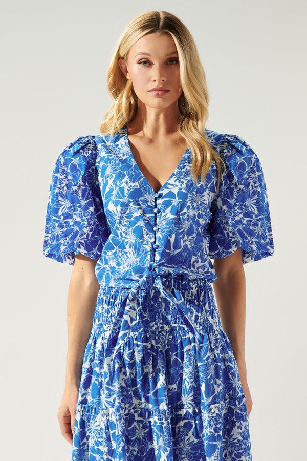 sugarlips Marina Floral Puff Sleeve Tie Front Crop Top