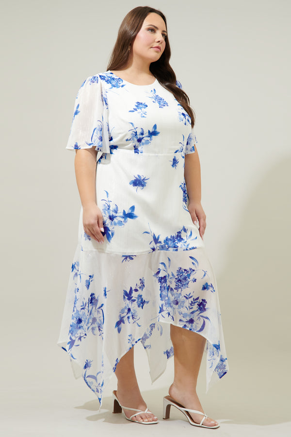 Sugarlips Mariposa Floral Aerin Asymmetrical Flutter Midi Dress Curve