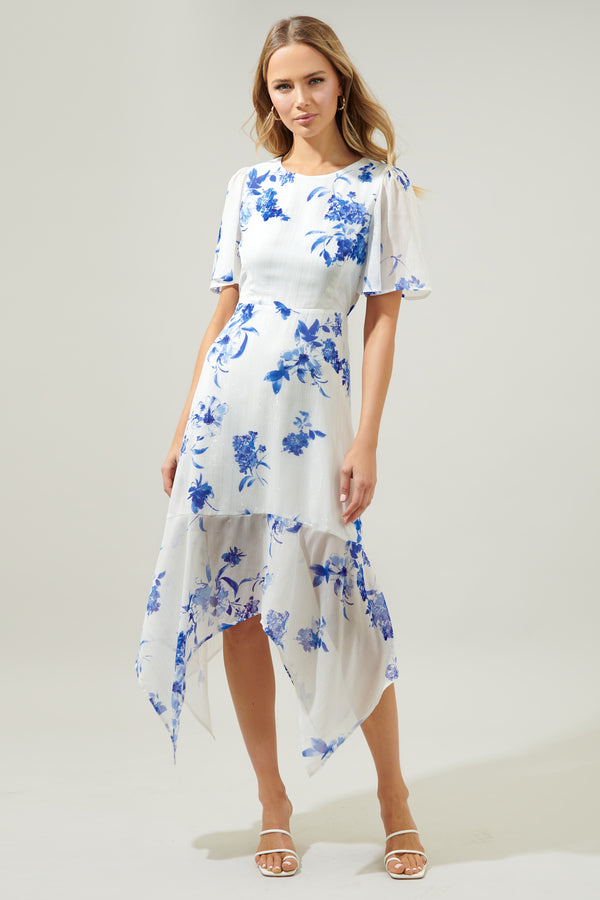 Sugarlips Mariposa Floral Aerin Asymmetrical Flutter Midi Dress