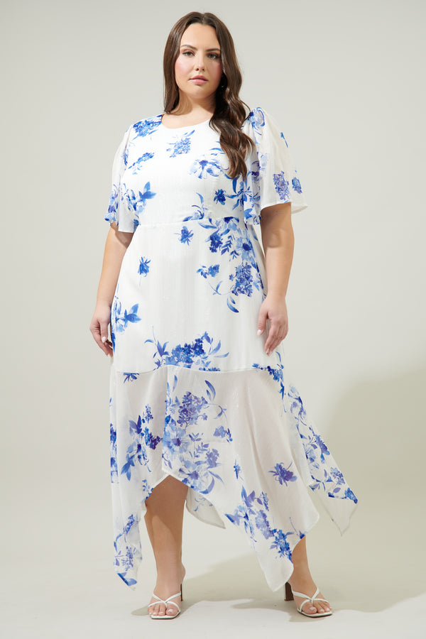 sugarlips Mariposa Floral Aerin Asymmetrical Flutter Midi Dress Curve