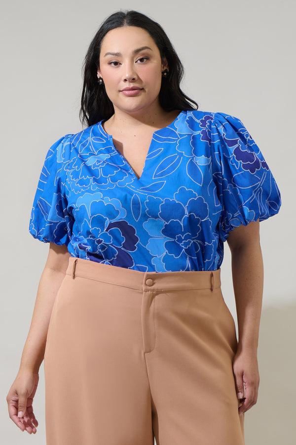 sugarlips Maris Floral Adi Poplin Split Neck Top Curve
