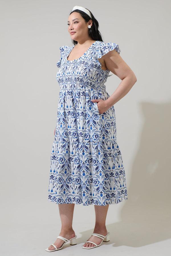 Sugarlips Marisol Floral Giza Glare Smock Tiered Midi Dress Curve