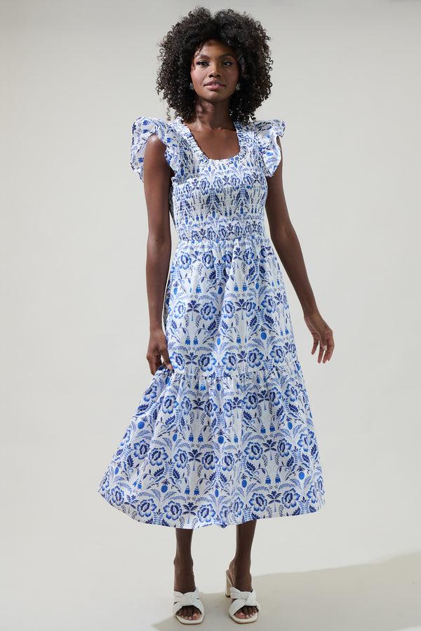 sugarlips Marisol Floral Giza Glare Smock Tiered Midi Dress