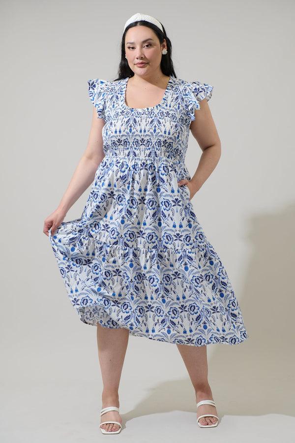 sugarlips Marisol Floral Giza Glare Smock Tiered Midi Dress Curve