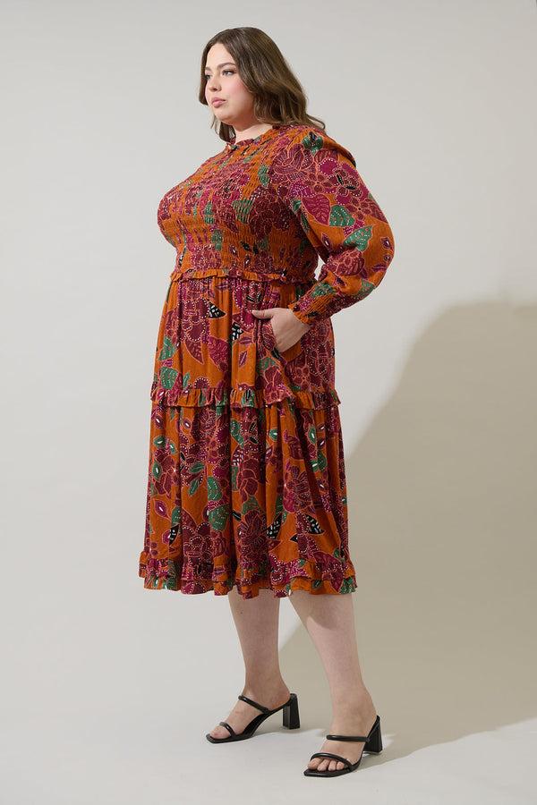 Sugarlips Marven Floral Seldy Smocked Midi Dress Curve