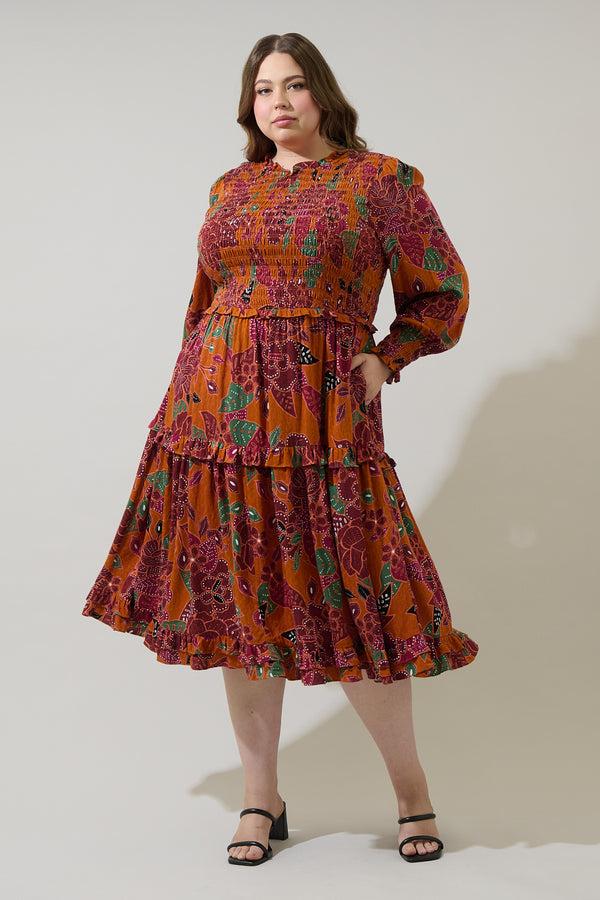 sugarlips Marven Floral Seldy Smocked Midi Dress Curve