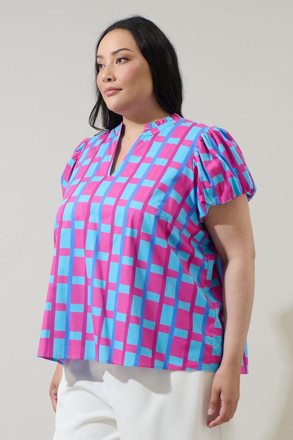 Sugarlips Marvy Checker Kenie Puff Sleeve Top Curve