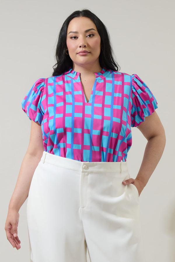 sugarlips Marvy Checker Kenie Puff Sleeve Top Curve