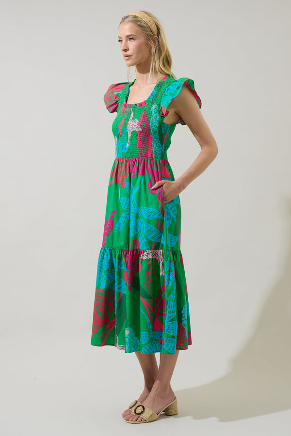 Sugarlips Meig Tropical Giza Glare Smock Tiered Midi Dress