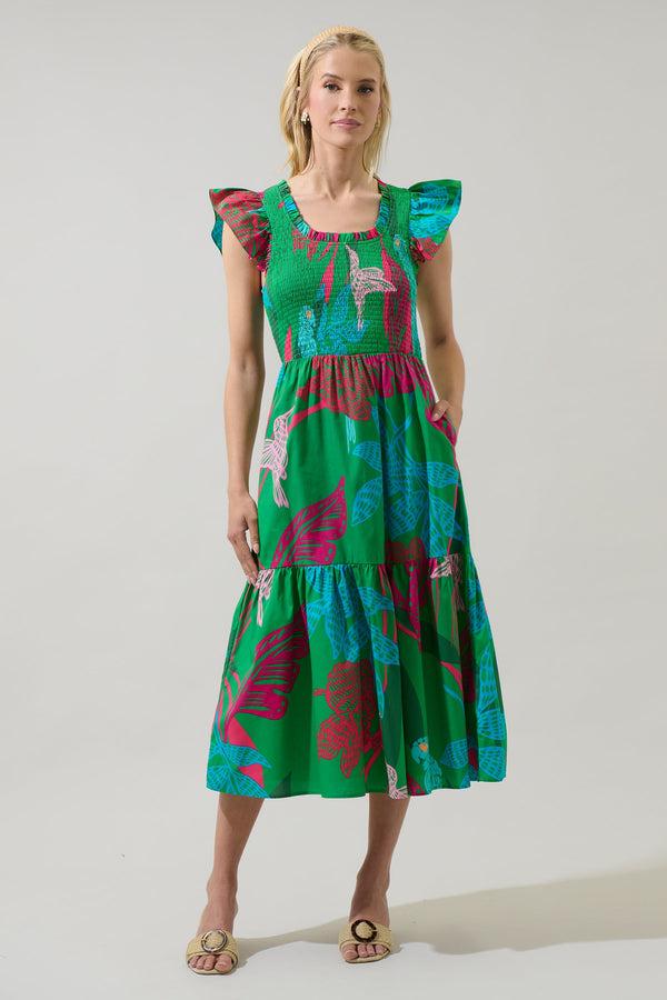 sugarlips Meig Tropical Giza Glare Smock Tiered Midi Dress