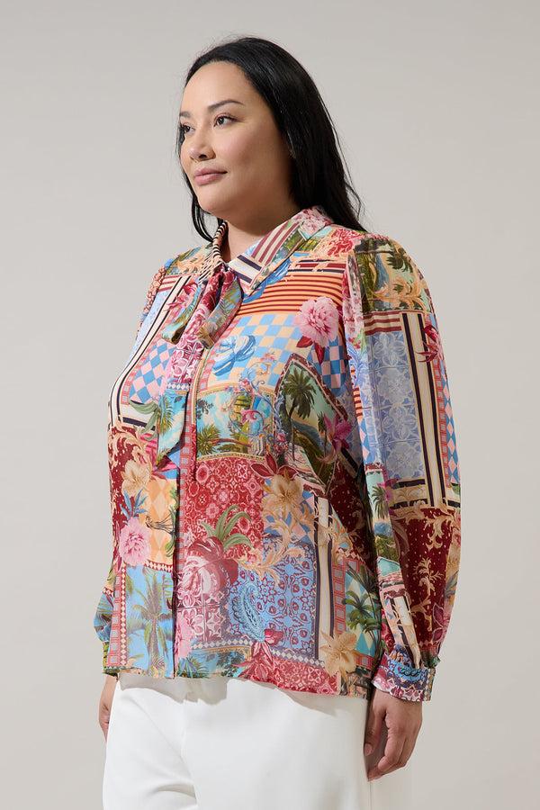 Sugarlips Melani Tropical Matra Long Sleeve Collared Blouse Curve