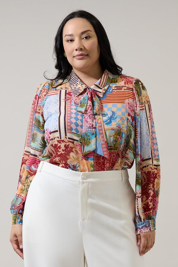 sugarlips Melani Tropical Matra Long Sleeve Collared Blouse Curve