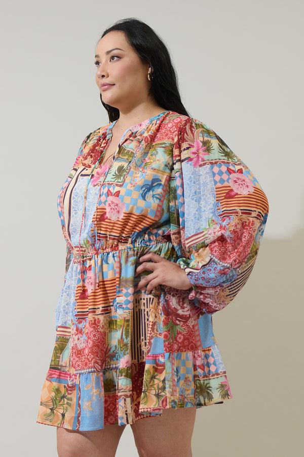 Sugarlips Melani Tropical Paxton Balloon Sleeve Mini Dress Curve