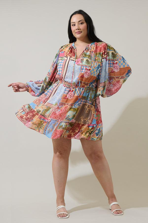 Sugarlips Melani Tropical Paxton Balloon Sleeve Mini Dress Curve