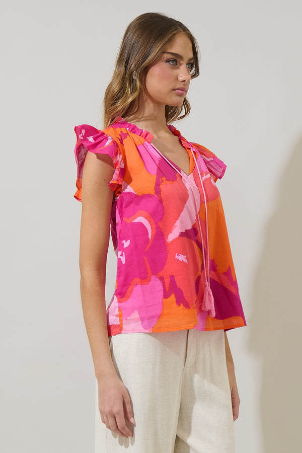 Sugarlips Merim Floral Deniza Split Neck Ruffle Top