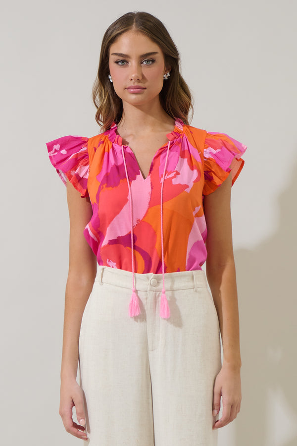 sugarlips Merim Floral Deniza Split Neck Ruffle Top