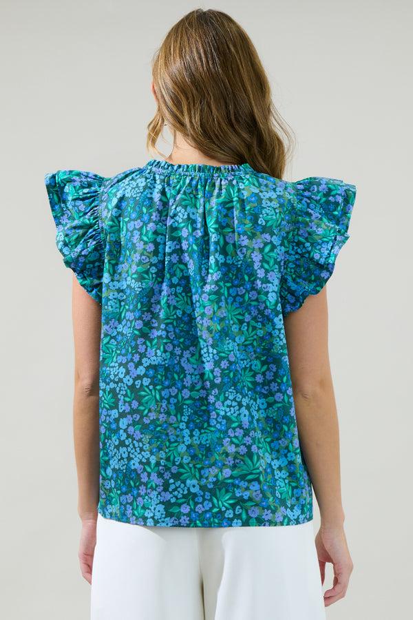 Sugarlips Midnight Floral Risette Ruffle Split Neck Top