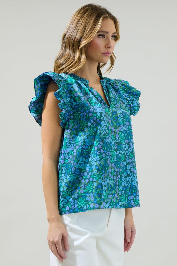 Sugarlips Midnight Floral Risette Ruffle Split Neck Top