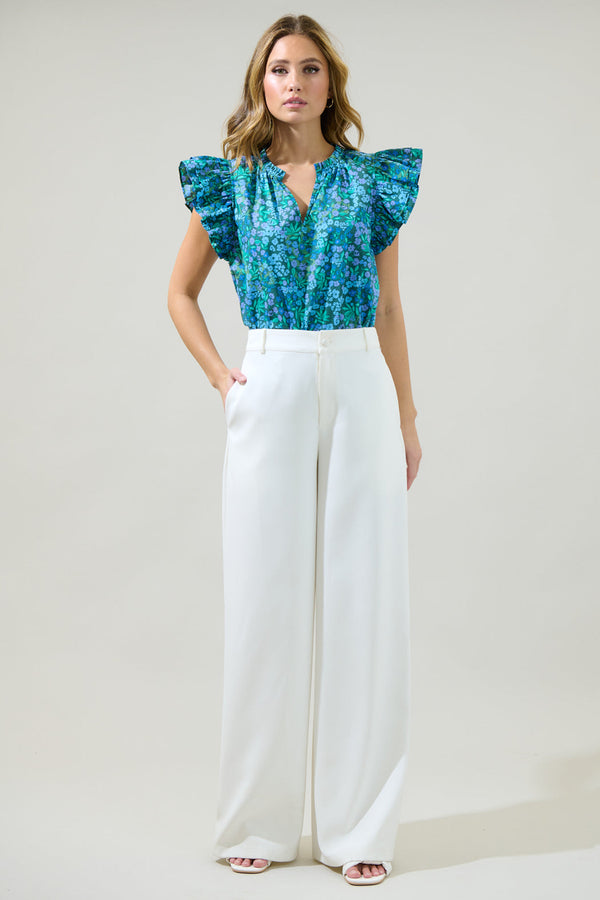 Sugarlips Midnight Floral Risette Ruffle Split Neck Top