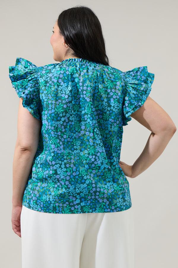 Sugarlips Midnight Floral Risette Ruffle Split Neck Top Curve