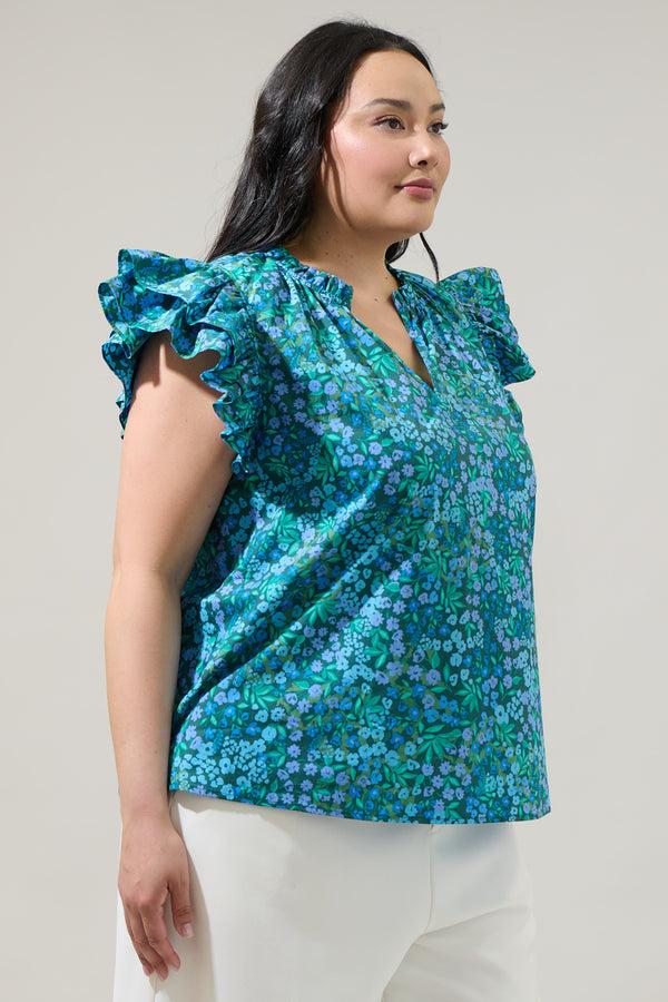 Sugarlips Midnight Floral Risette Ruffle Split Neck Top Curve
