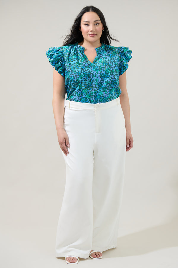 Sugarlips Midnight Floral Risette Ruffle Split Neck Top Curve
