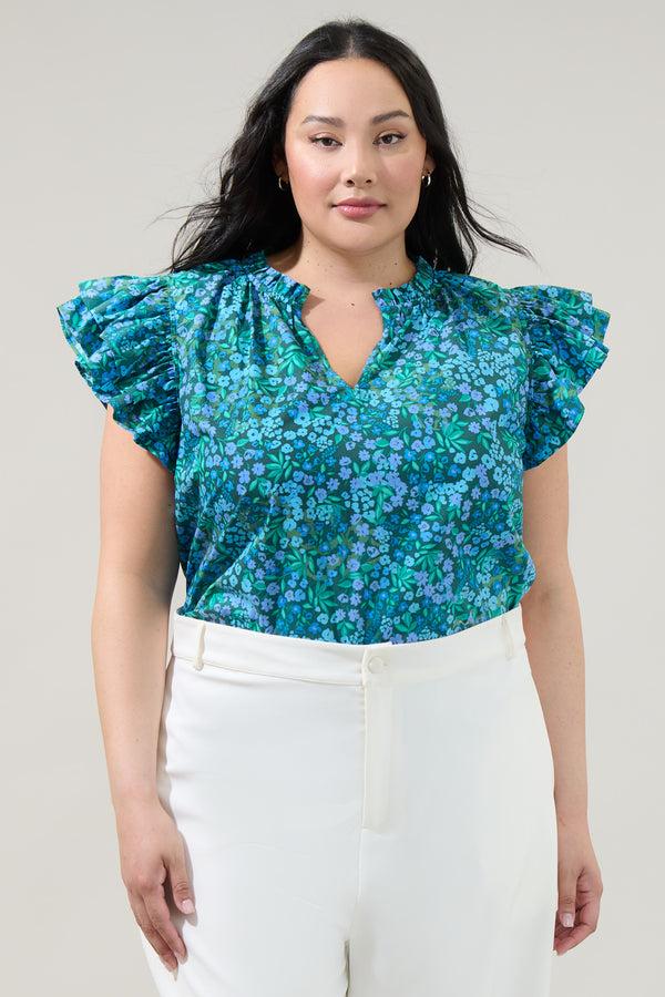 sugarlips Midnight Floral Risette Ruffle Split Neck Top Curve