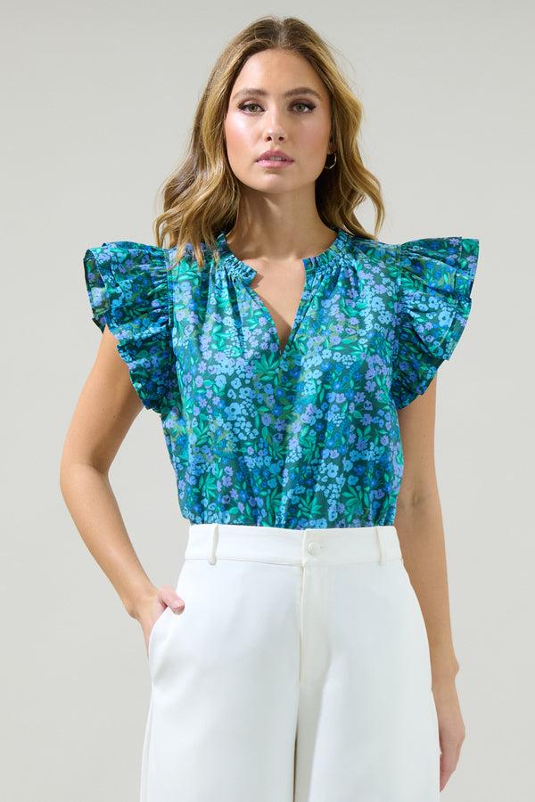 sugarlips Midnight Floral Risette Ruffle Split Neck Top