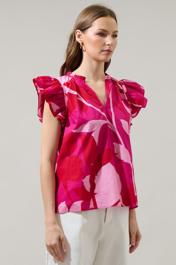 Sugarlips Mila Floral Risette Ruffle Split Neck Top