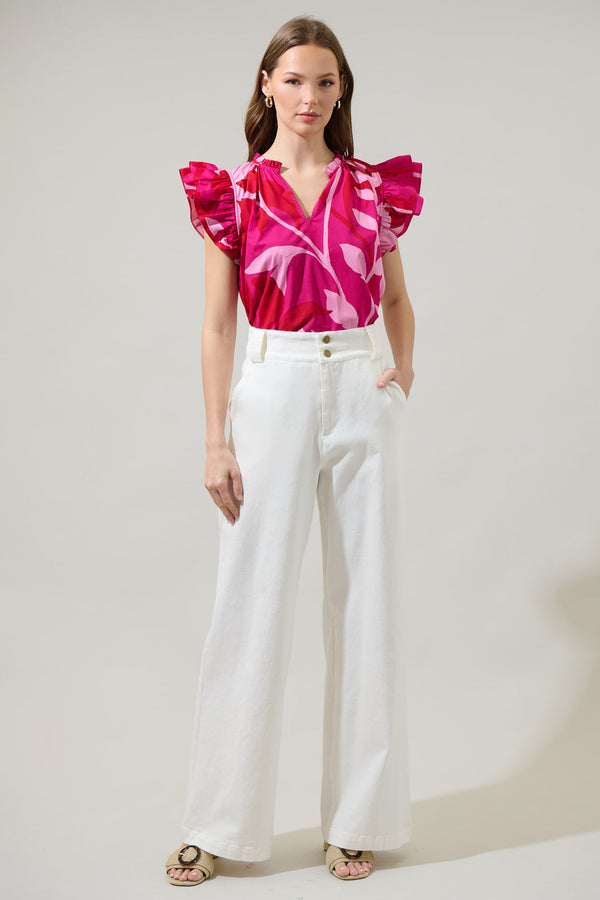 Sugarlips Mila Floral Risette Ruffle Split Neck Top