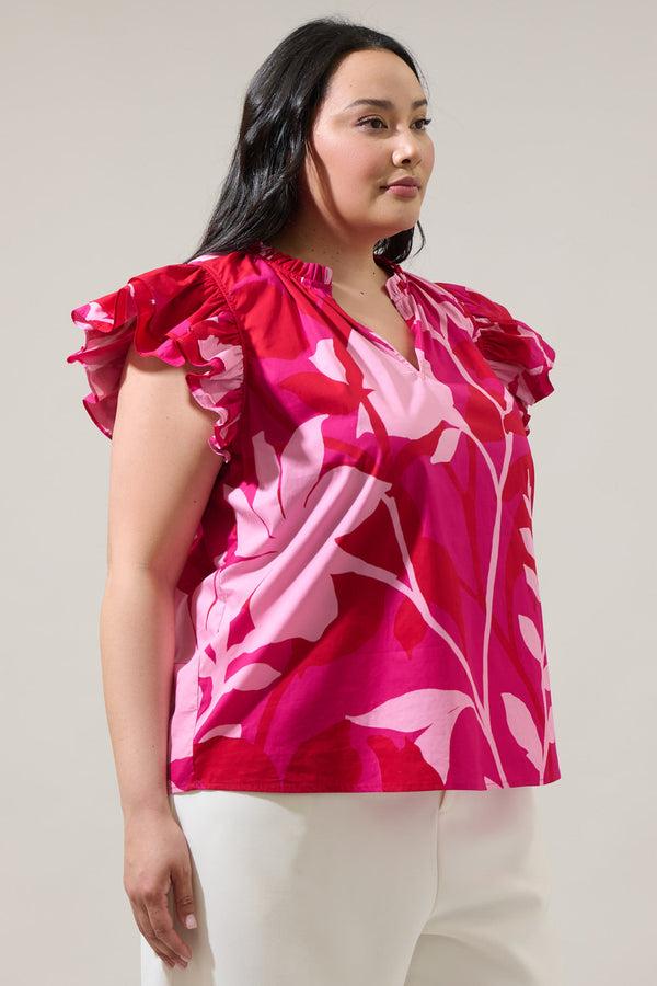 Sugarlips Mila Floral Risette Ruffle Split Neck Top Curve