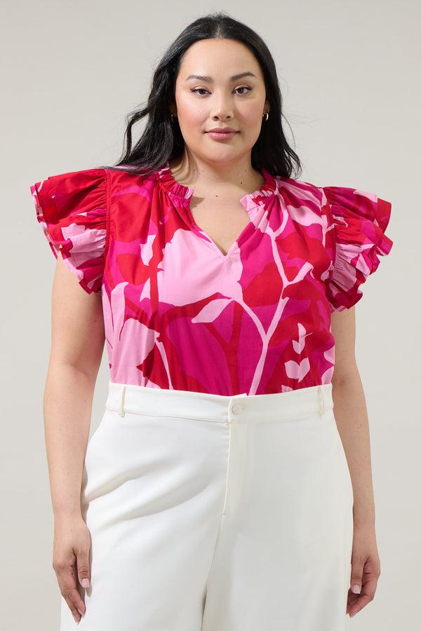 sugarlips Mila Floral Risette Ruffle Split Neck Top Curve