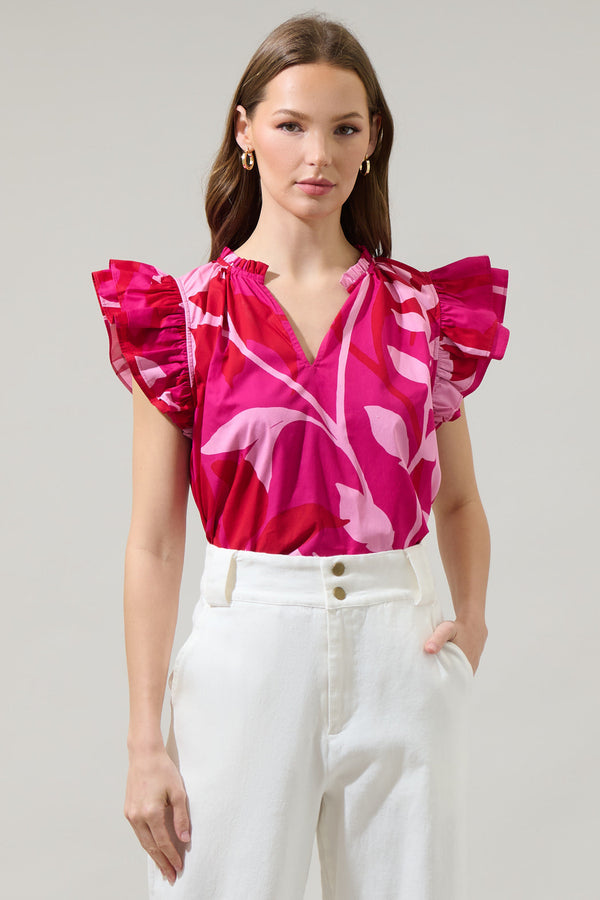 sugarlips Mila Floral Risette Ruffle Split Neck Top