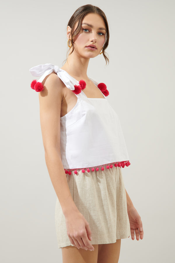 Sugarlips Milagro Tie Strap Cherry Pom Pom Crop Top