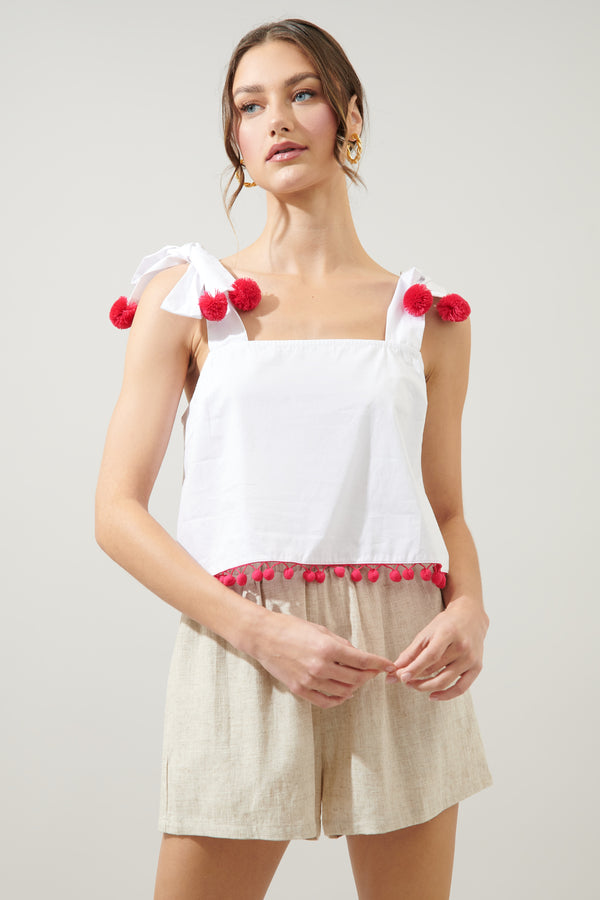 sugarlips Milagro Tie Strap Cherry Pom Pom Crop Top