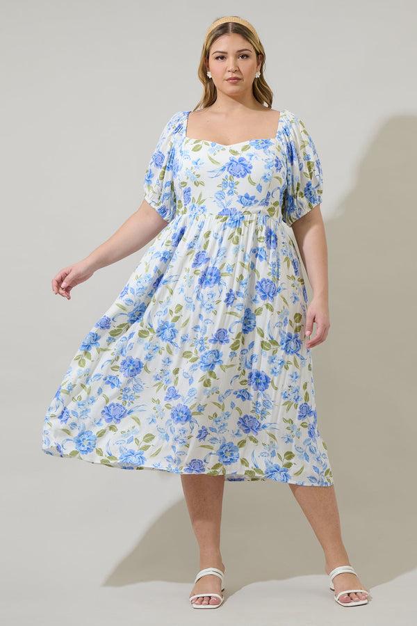 sugarlips Milla Floral Alessi Puff Sleeve Midi Dress Curve