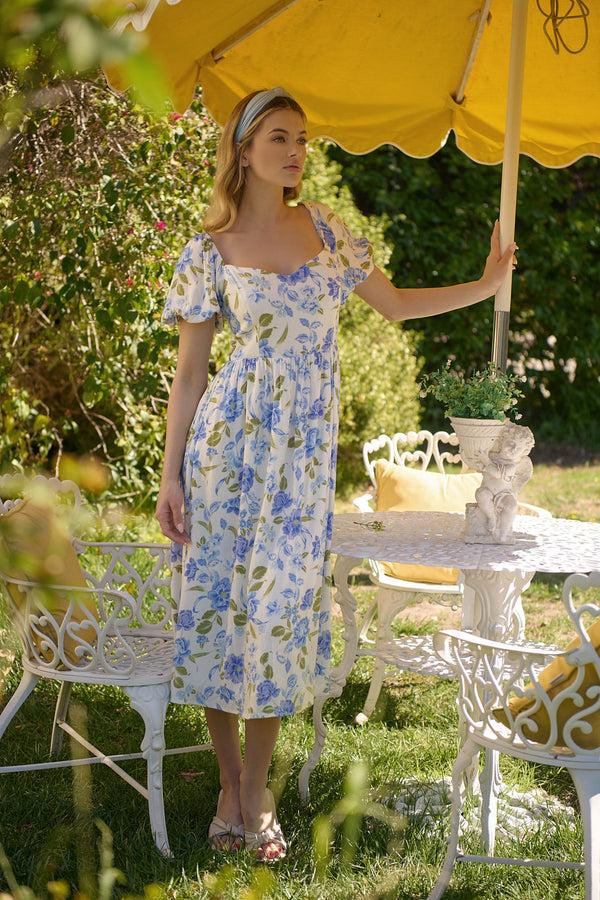 sugarlips Milla Floral Alessi Puff Sleeve Midi Dress