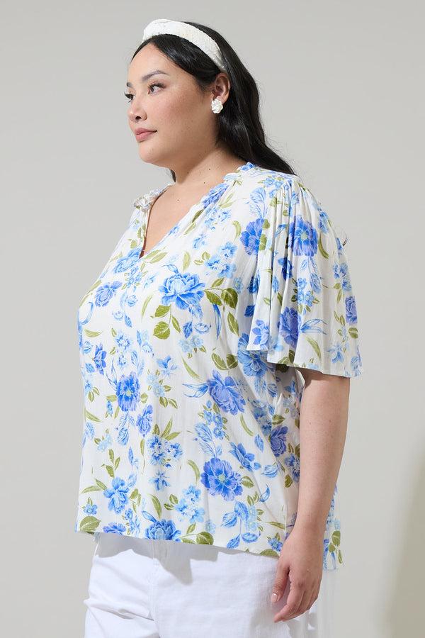 Sugarlips Milla Floral Ruffle Split Neck Dupont Top Curve